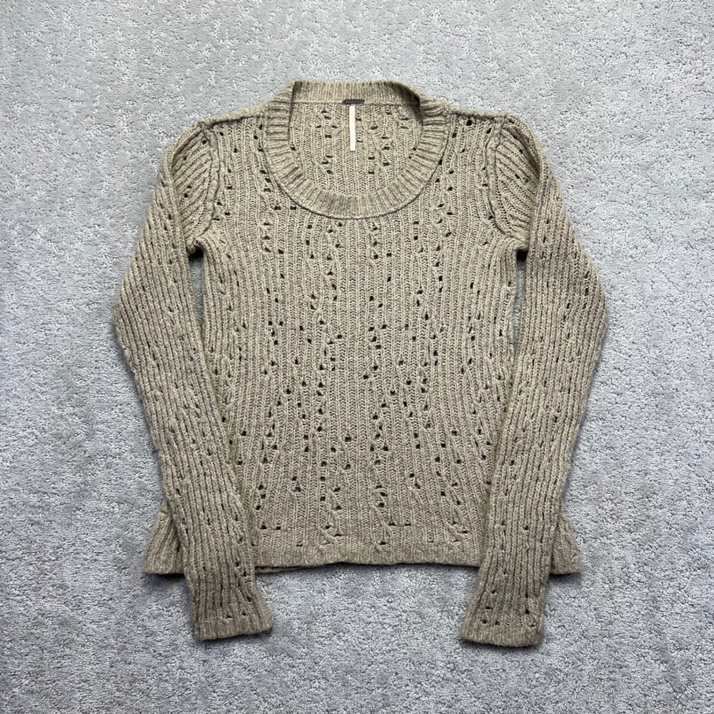 Free People Sweater Womens Beige Pointelle Knit Scoop Neck Long Sleeve